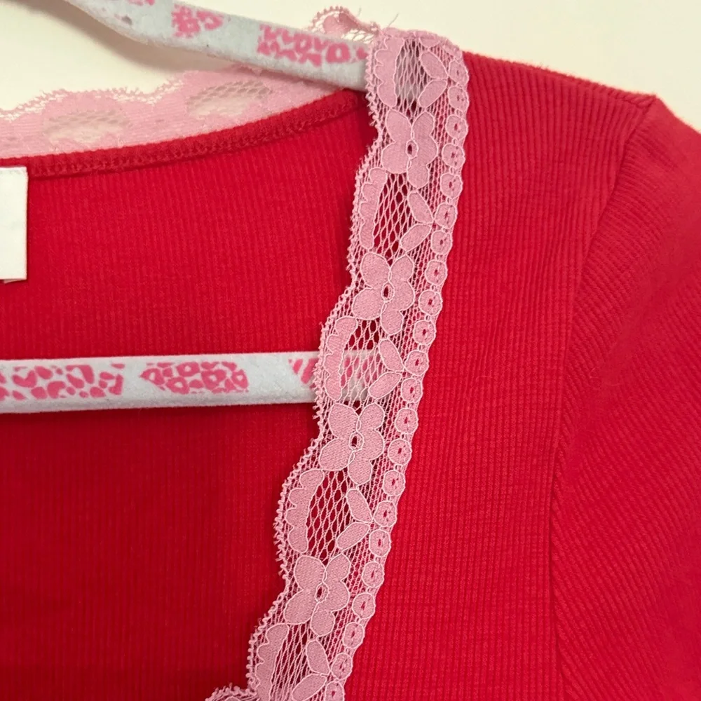 Rouje Red Cardigan with Pink Lace Trim - Picture 4 of 5